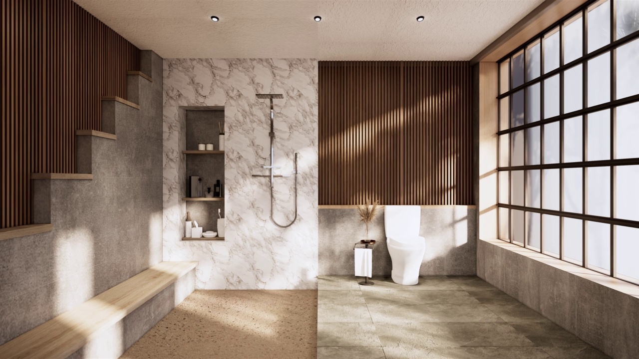 花岗岩瓷砖黑白墙设计卫生间，房间现代感十足。3D插画渲染视频下载