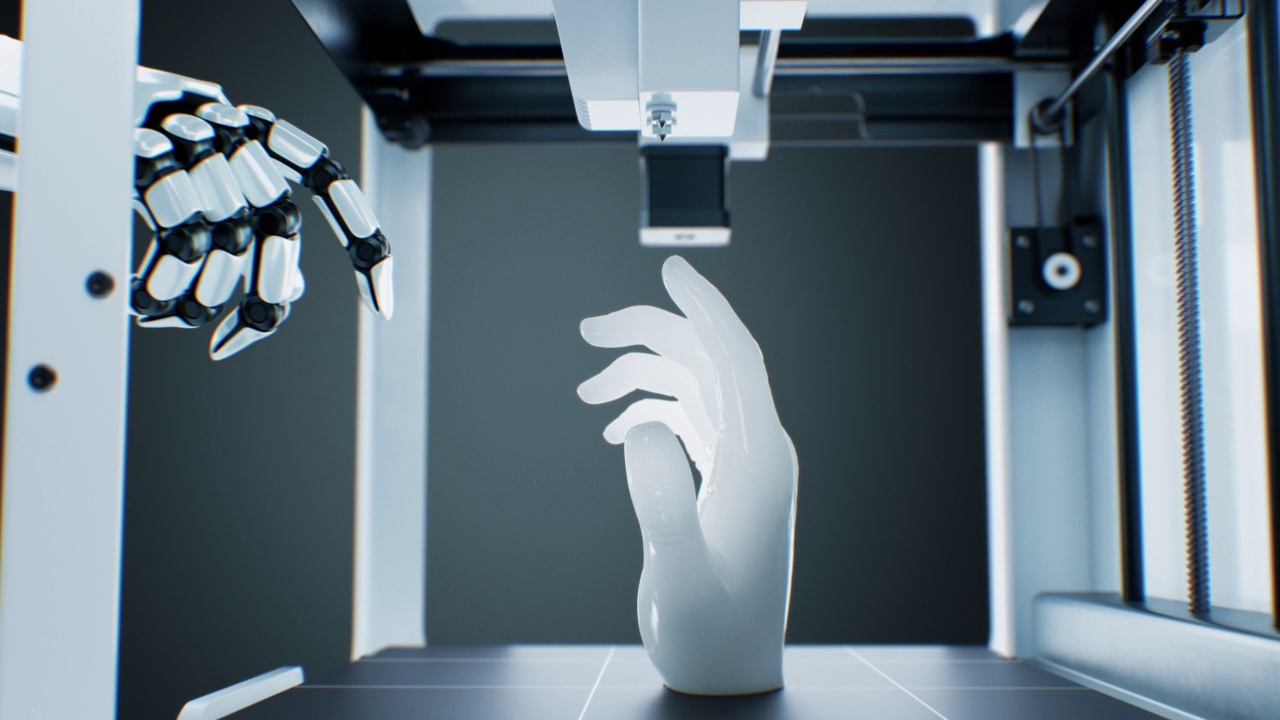 机器人触摸3d打印机打印的人手。摘要机器接触美丽的3d动画。人工智能数字化未来数控机床概念。视频下载