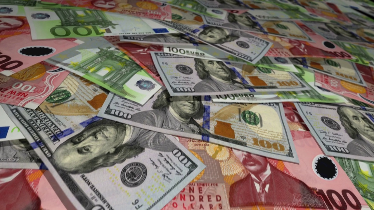 欧元新西兰元纸币飞过货币表面视频下载