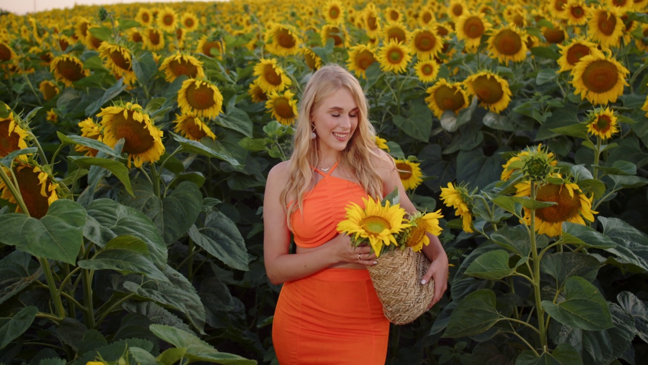 一位美丽的年轻女孩捧着一束花站在向日葵丛中视频下载