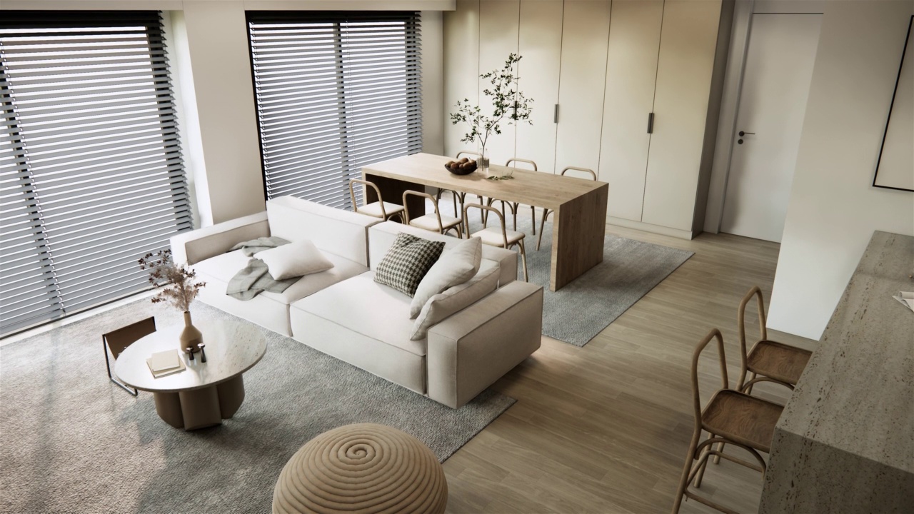 现代室内设计简约风格的土色家具和墙壁，内置厨房柜台和橱柜百叶窗。4K视频3d渲染。视频下载