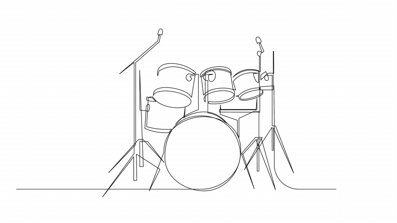鼓乐器连续画线自画动画。滚筒组极简的线条设计。全长一行动画插图。视频素材
