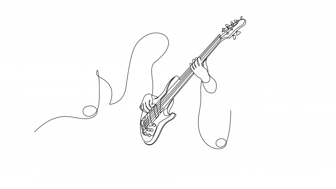 连续的线条画的人弹吉他与音乐音符孤立在白色背景。全长自绘动画。视频下载