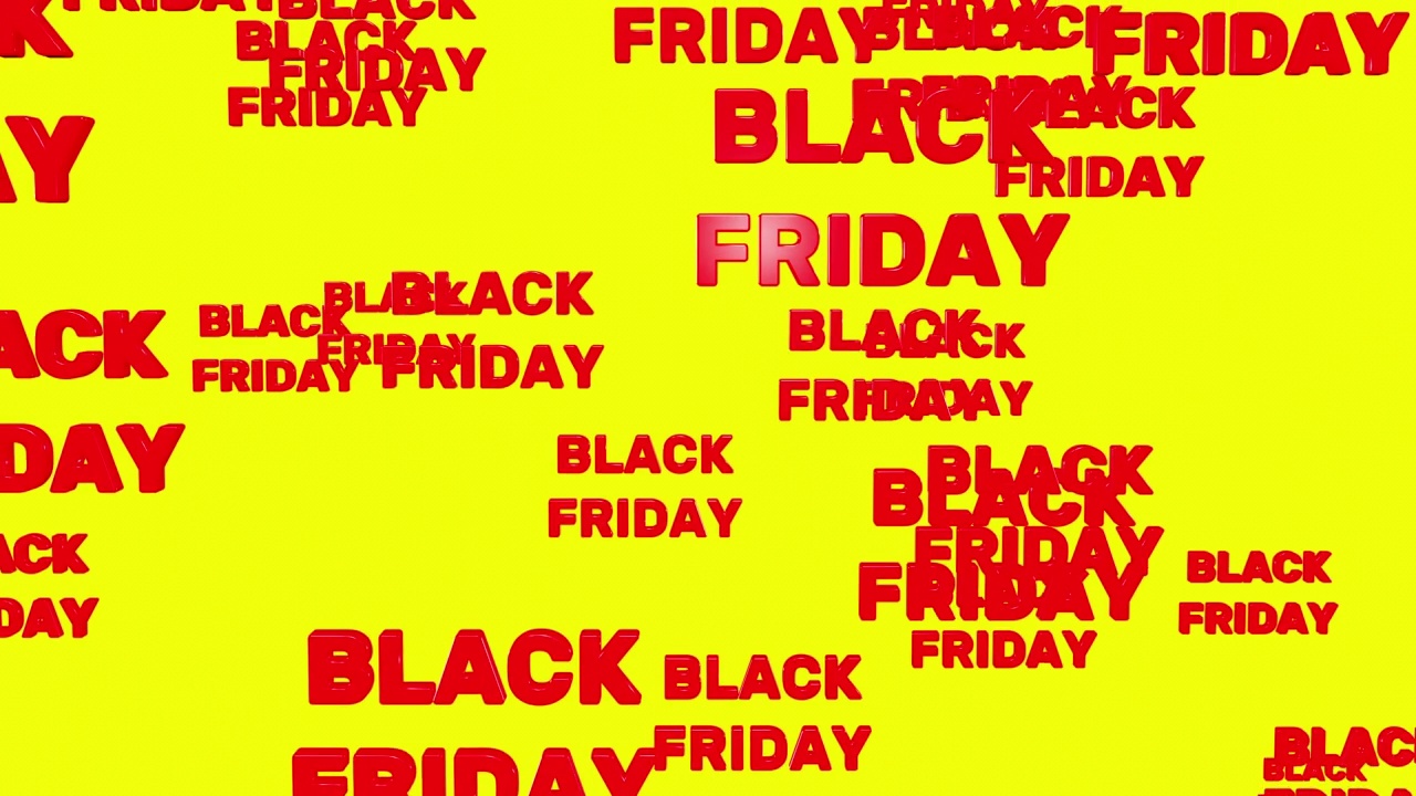 红色黑色星期五的文字落下来孤立的黄色背景为宣传片，循环3d渲染。折扣、促销、季节性促销、购物的概念视频素材