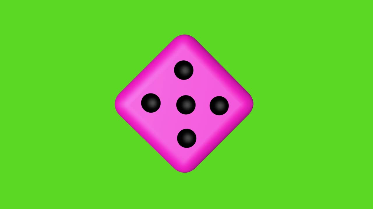 粉色骰子在绿色屏幕的背景下旋转。三维动画视频素材
