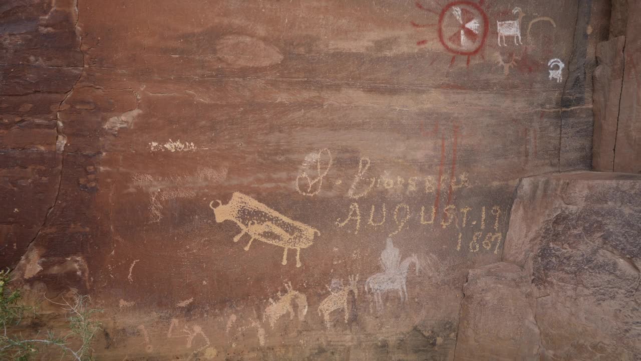 九里峡谷象形文字和岩雕岩石艺术与水牛视频下载