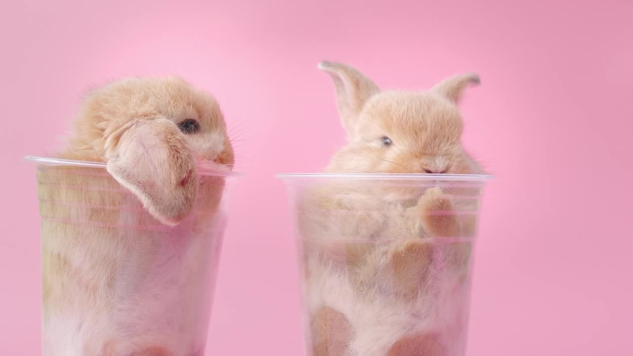 小兔子在玻璃上孤立的粉红色背景视频素材