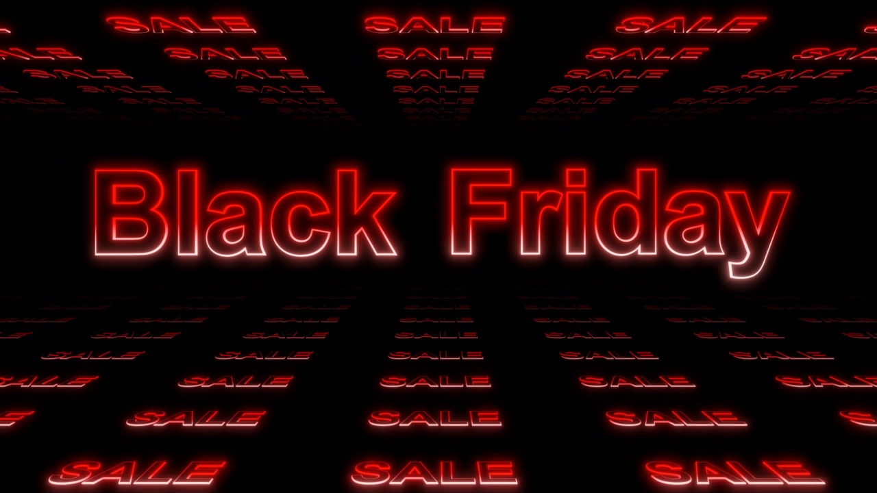 黑色星期五红色霓虹文字动画，销售环路隧道背景视频素材
