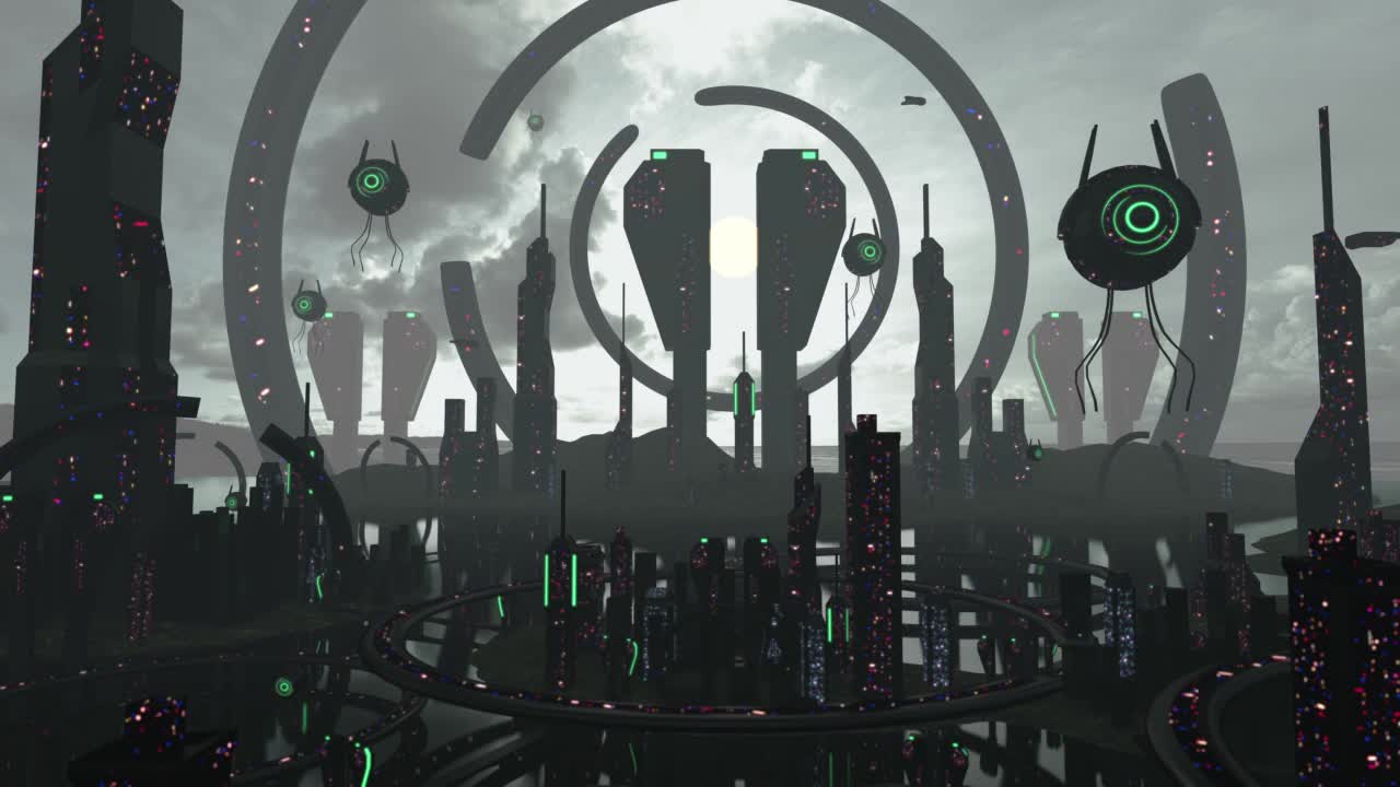 有飞行外星人的未来城市动画视频素材