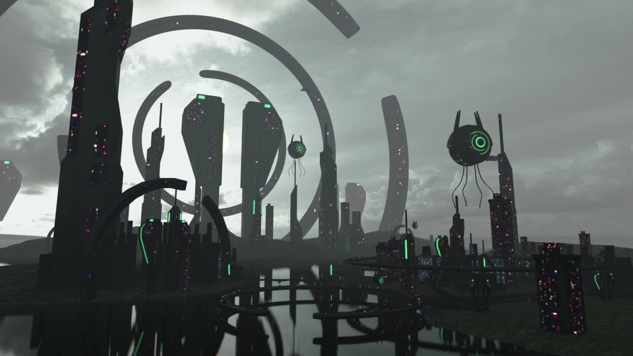 一个外星城市的动画，里面有飞行的外星人视频素材