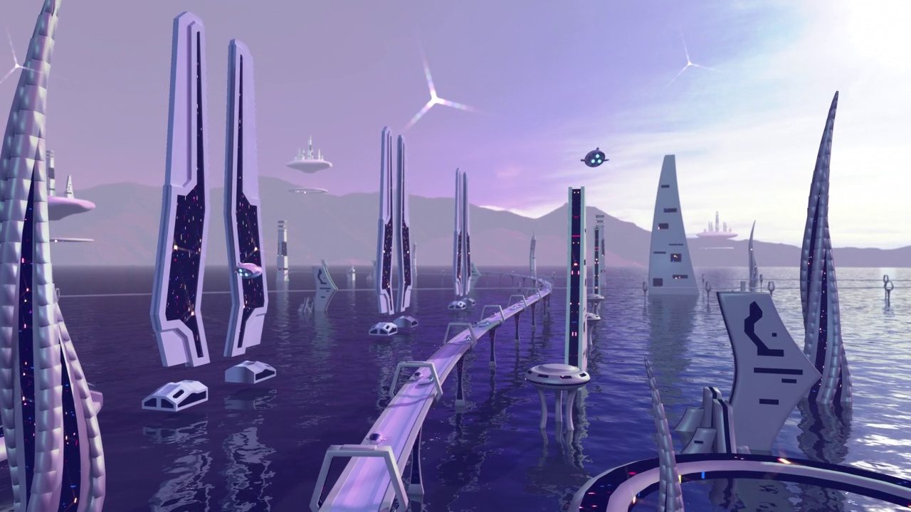 动画的幻想城市在外星星球上的建筑视频素材