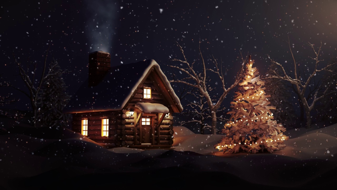 神奇的圣诞风景。木制白雪覆盖的小屋和圣诞树。Loopable视频下载