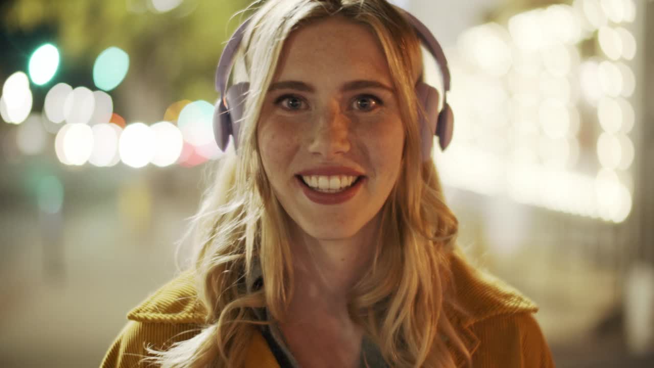 女子戴着耳机在晚上听音乐视频素材