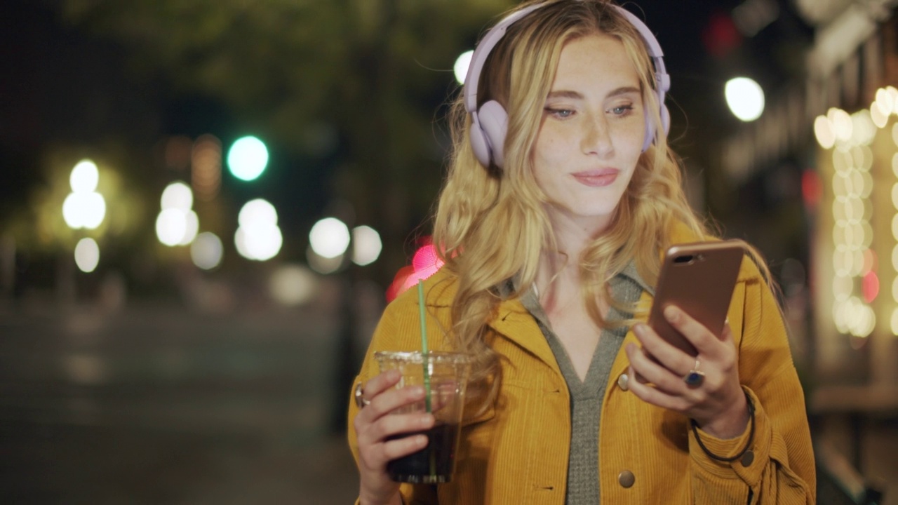 夜间在城市里用手机散步的年轻女子视频素材