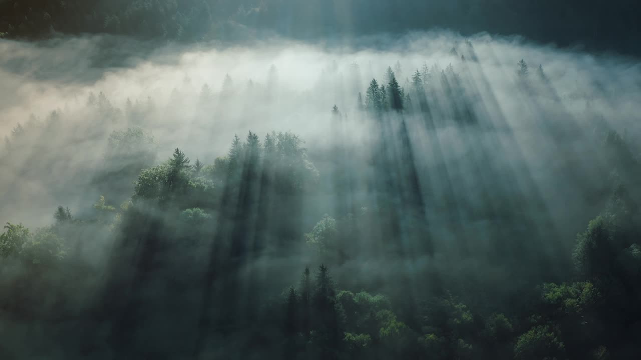 早晨的ASMR雾笼罩着神奇的松树林。阳光穿透了薄雾。在清晨的时间里，强大的树木。视频购买