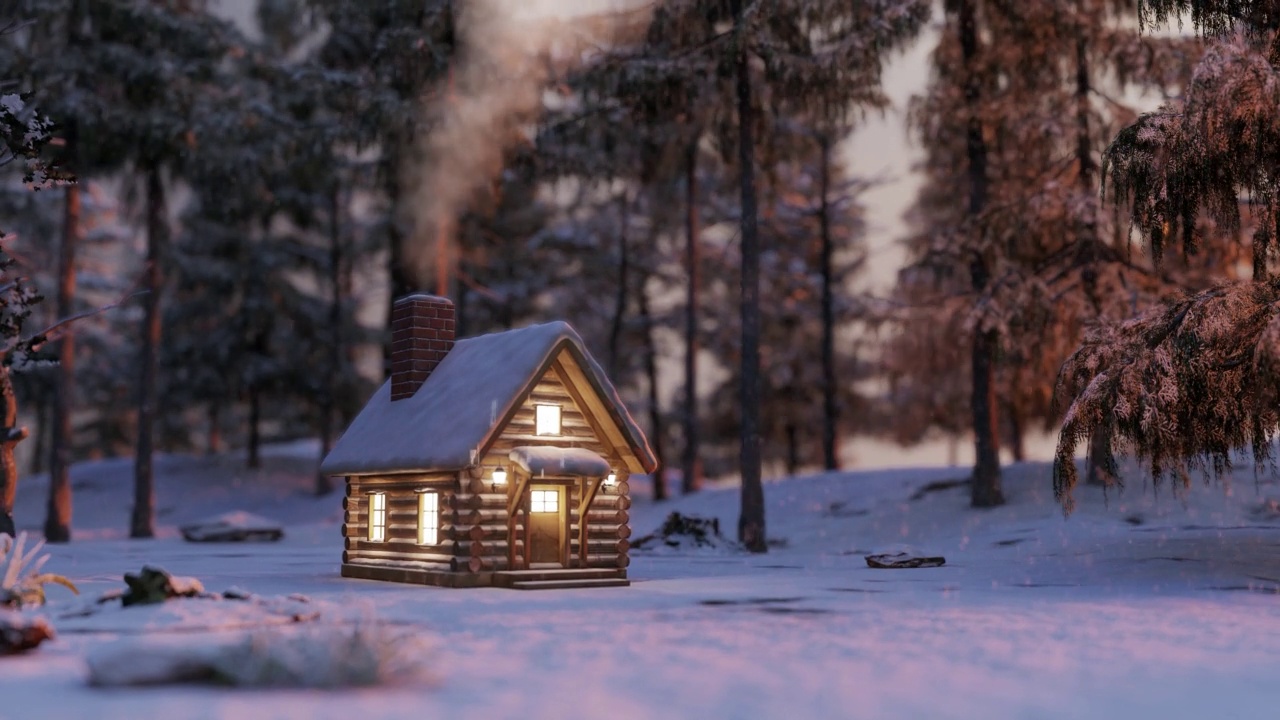 完美的圣诞风景。冬天森林中央的一座房子。视频下载