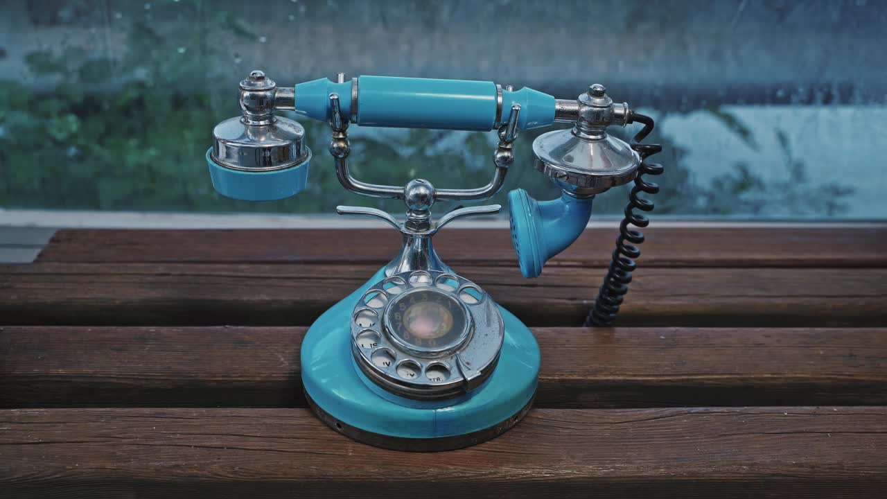 一个女人的手拿起一个老式的蓝色旋转式电话听筒打电话。老式手机。视频素材