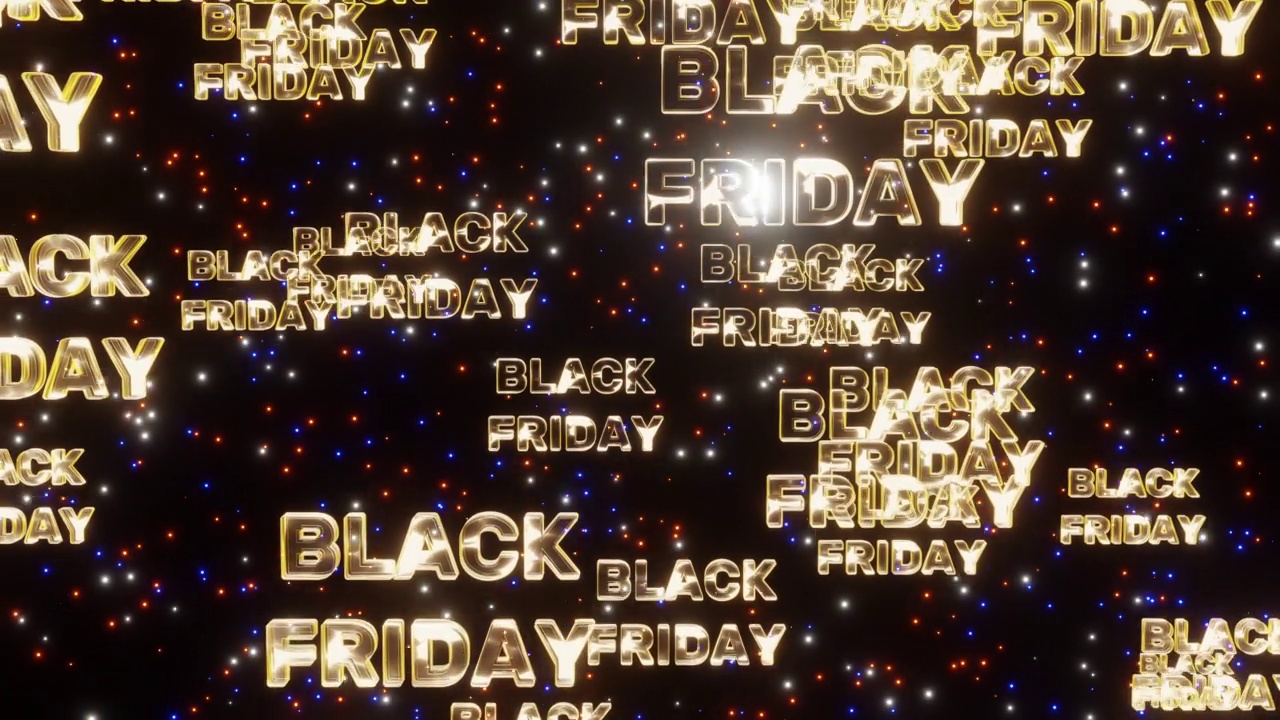 黄色黑色星期五霓虹文字下降空间与闪烁的星星为宣传片，循环3d渲染。折扣、促销、季节性促销、购物的概念视频下载