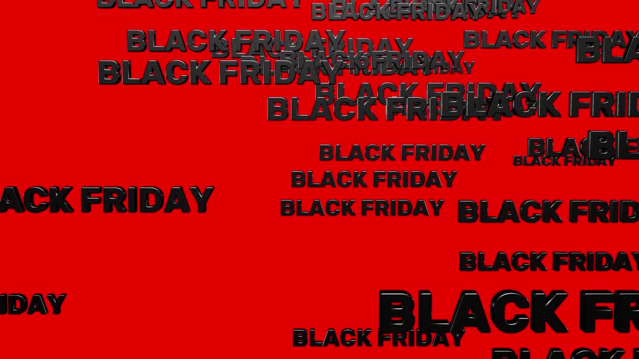 黑色星期五的文字落下来孤立的红色背景为宣传片，循环3d渲染。折扣、促销、季节性促销、购物的概念视频素材