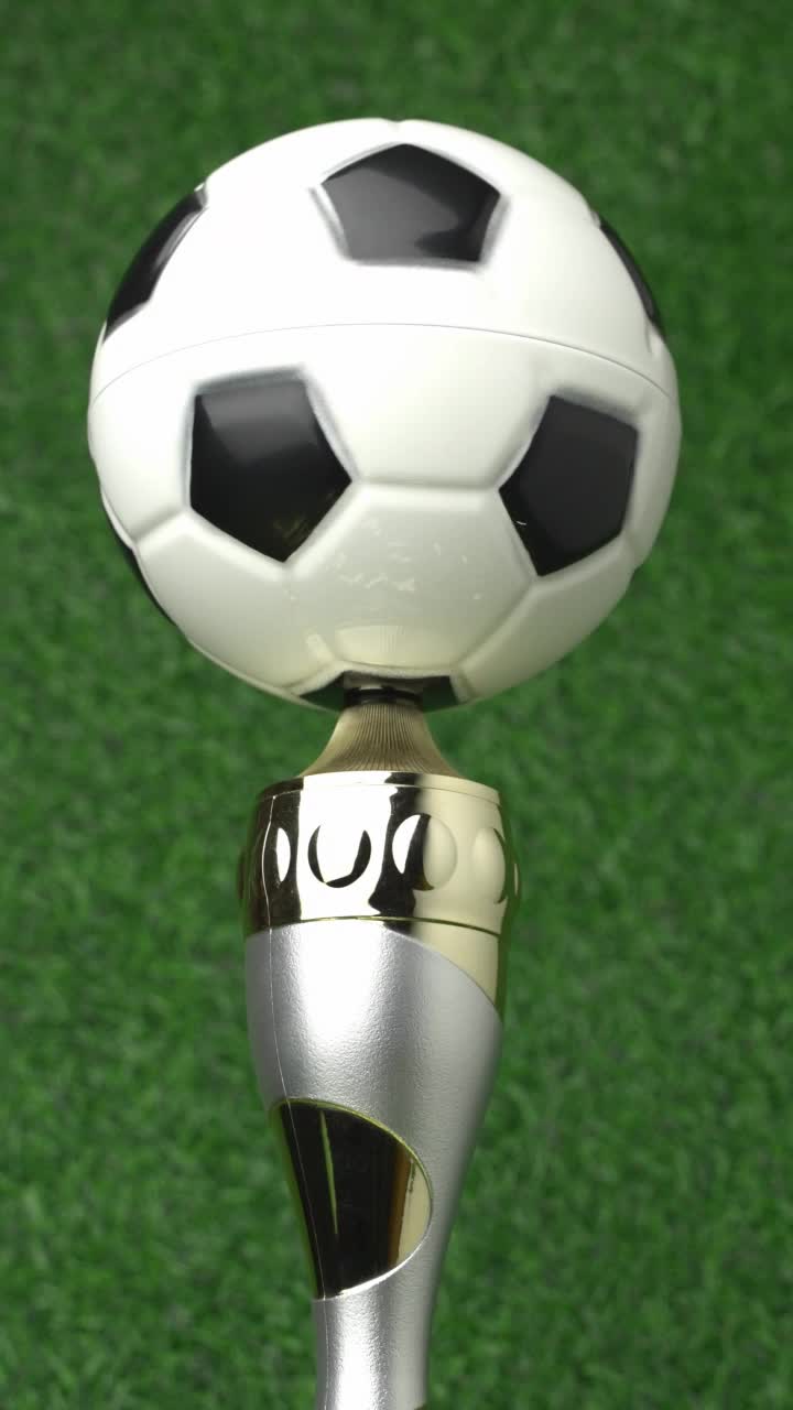 足球冠军奖杯周围环绕着飘落的金色五彩纸屑。垂直视频4K视频下载