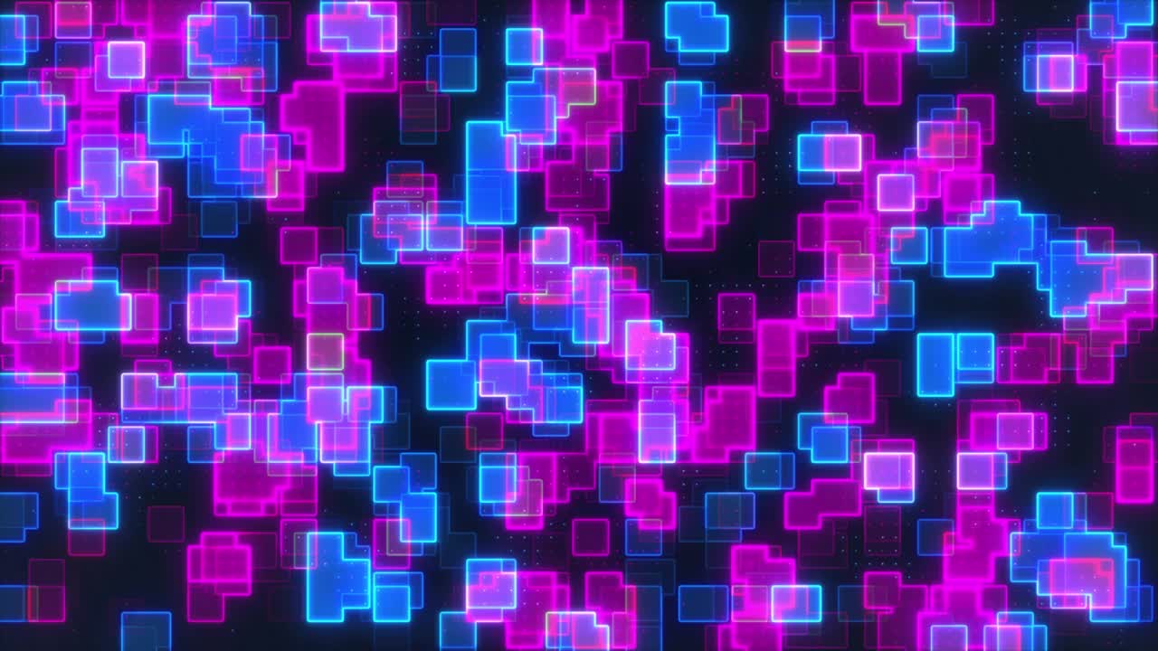 4k彩色抽象充满活力的背景。粉红色和蓝色分割马赛克形状。未来的网格块。五颜六色的几何明亮的灯光。股票视频。视频素材