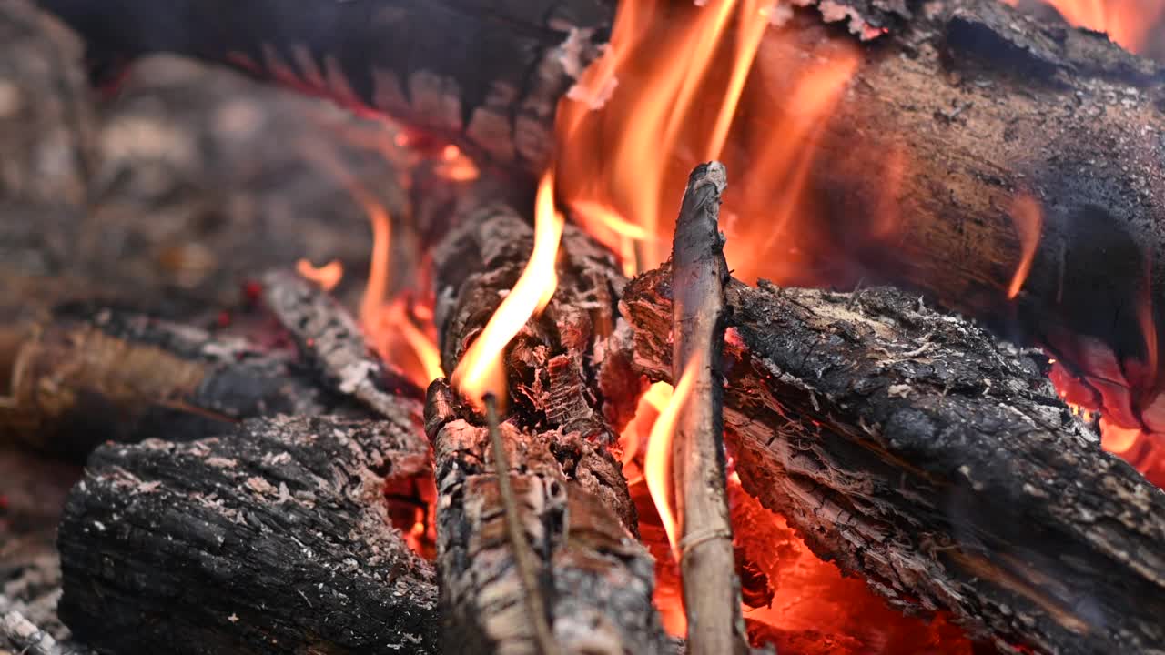 燃烧的篝火和明亮的火花从燃烧的煤烬中飞出视频素材