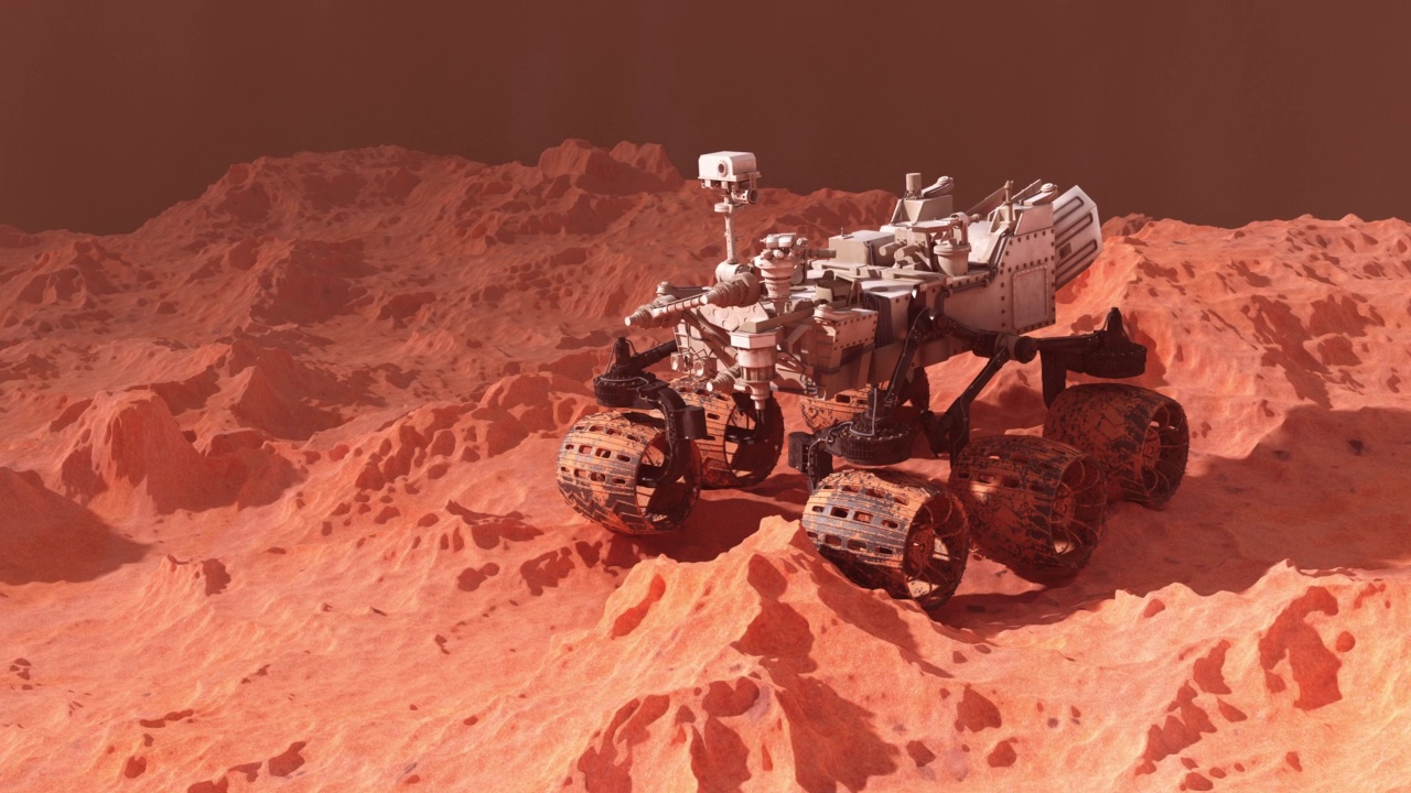 火星漫游者在石头环绕的星球表面移动视频素材