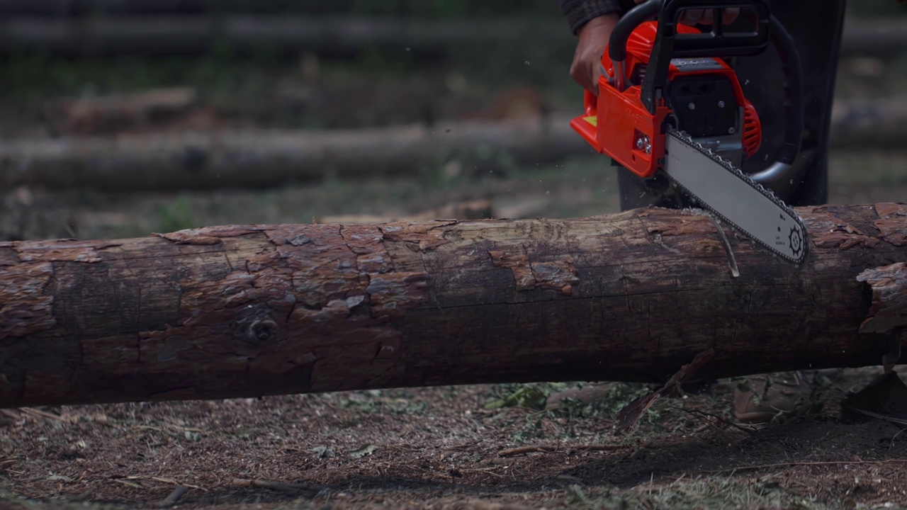 用链锯锯木头的人有很多飞来的碎片和条子。伐木工用电锯锯树。视频素材