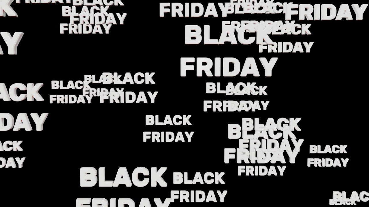 白色黑色星期五的文字落下来孤立的黑色背景为宣传片，循环3d渲染。折扣、促销、季节性促销、购物的概念视频素材