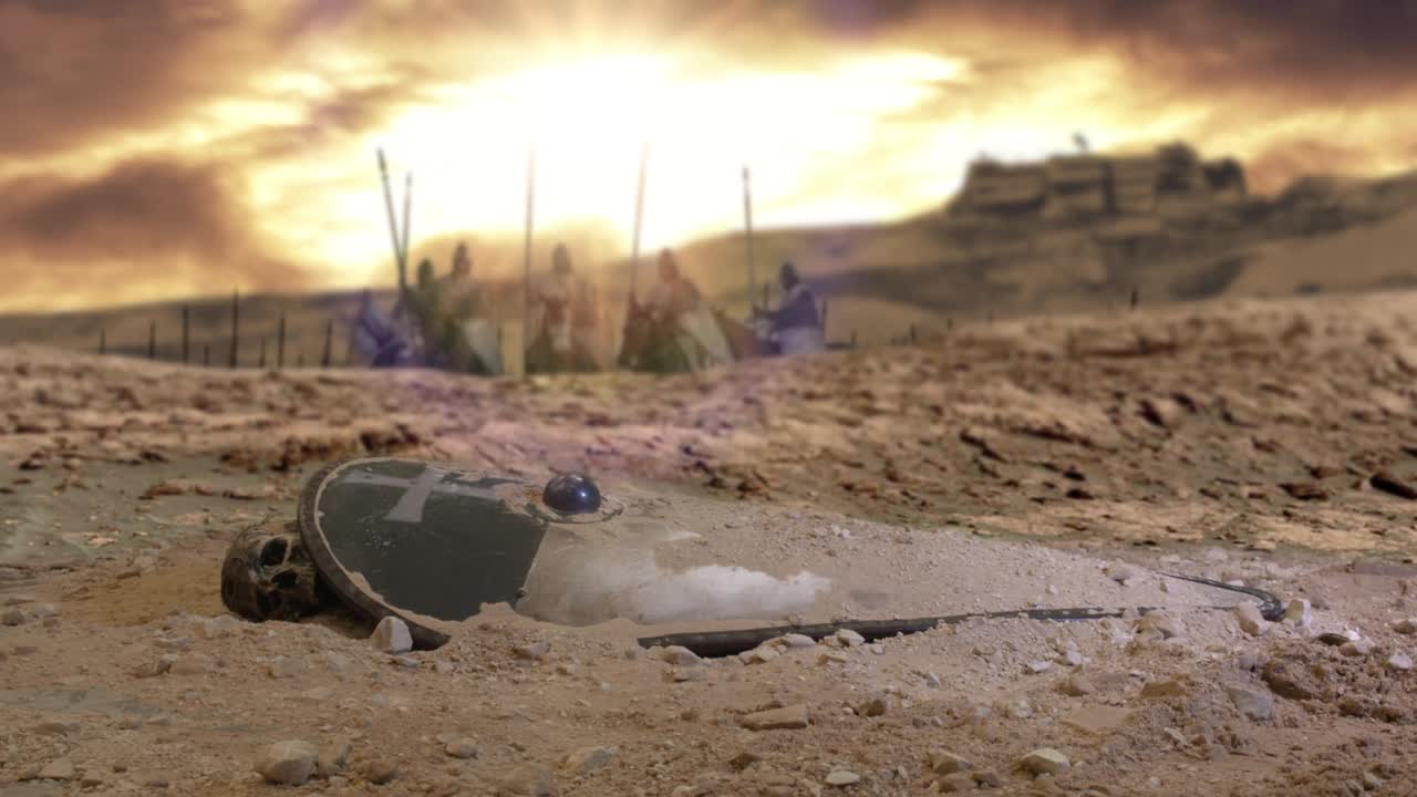 瓦砾中的盾牌和头骨-十字军时代的重演视频下载