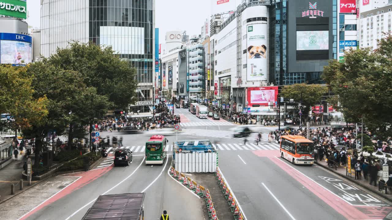 时间流逝的汽车交通运输，拥挤的人走在涩谷十字路口的十字路口。东京旅游景点地标，日本旅游，亚洲交通或亚洲城市生活理念视频下载