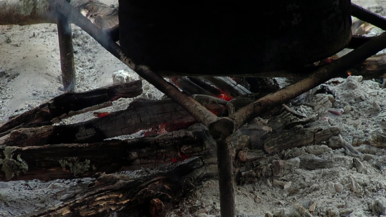 食物在火上煮，金属锅，水站在可折叠烧烤架上，在户外营火上加热。关闭了。视频素材