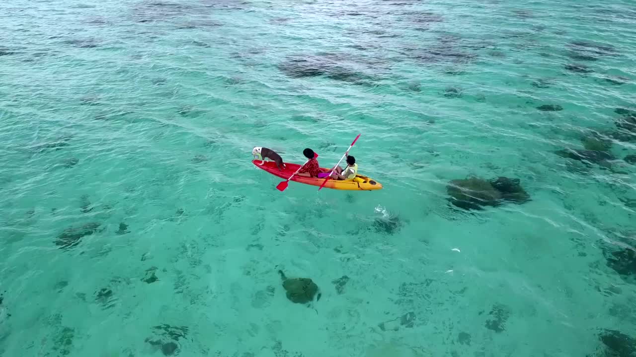 无人机拍摄的一对夫妇带着小狗斗牛犬在泰国的皮划艇上，越过惊人的水晶般清澈的海水。视频下载