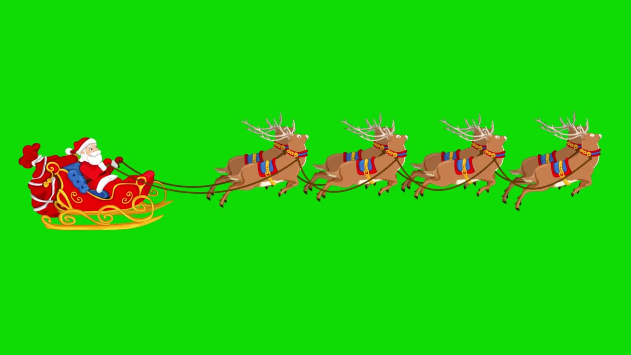 绿色屏幕上的圣诞老人和他的驯鹿。新年快乐的概念，礼盒，月亮，问候，动物雪橇，鹿，节日，贺卡，人物动画，童话，插图，色度键，雪橇，剪影，圣诞快乐，孤立视频下载