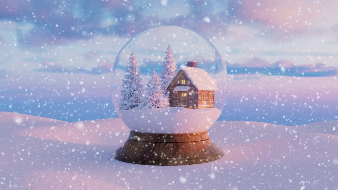在下雪的冬天背景上有房子和树的圣诞雪花球视频素材