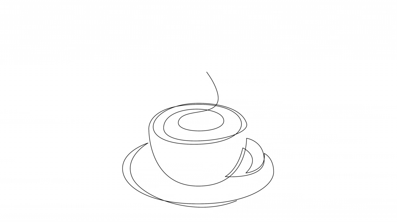 热气腾腾的热饮在杯子里自绘动画。等高线咖啡，茶或可可。连续的热巧克力线。视频下载