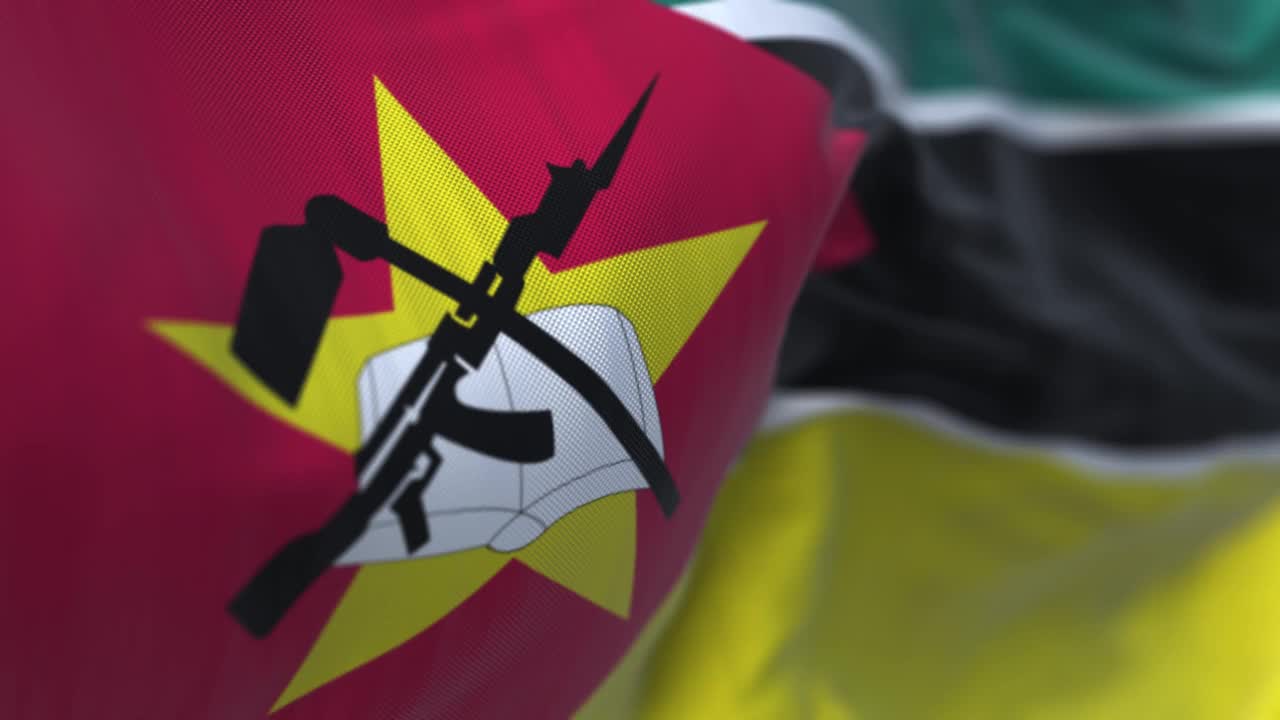 莫桑比克国旗在风中飘扬的特写镜头视频下载