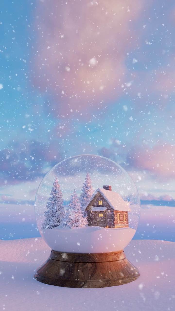 在下雪的冬天背景上有房子和树的圣诞雪花球视频素材