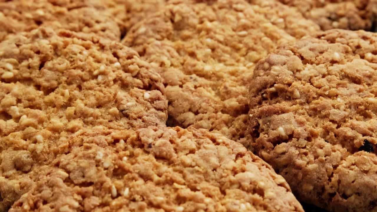 新鲜的燕麦饼干旋转。自制的芝麻饼干。视频下载