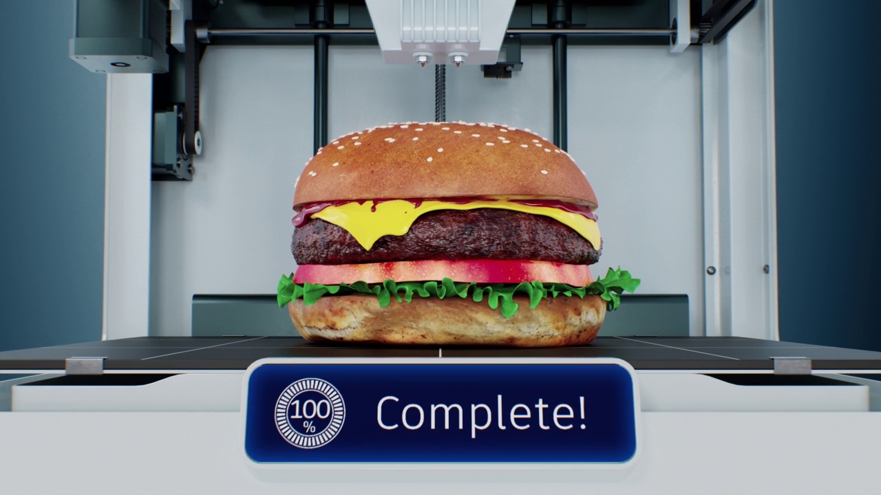 未来食品生产概念。饥饿问题3d打印机打印汉堡插图。汉堡包自动制作技术三维动画延时。工业企业视频下载