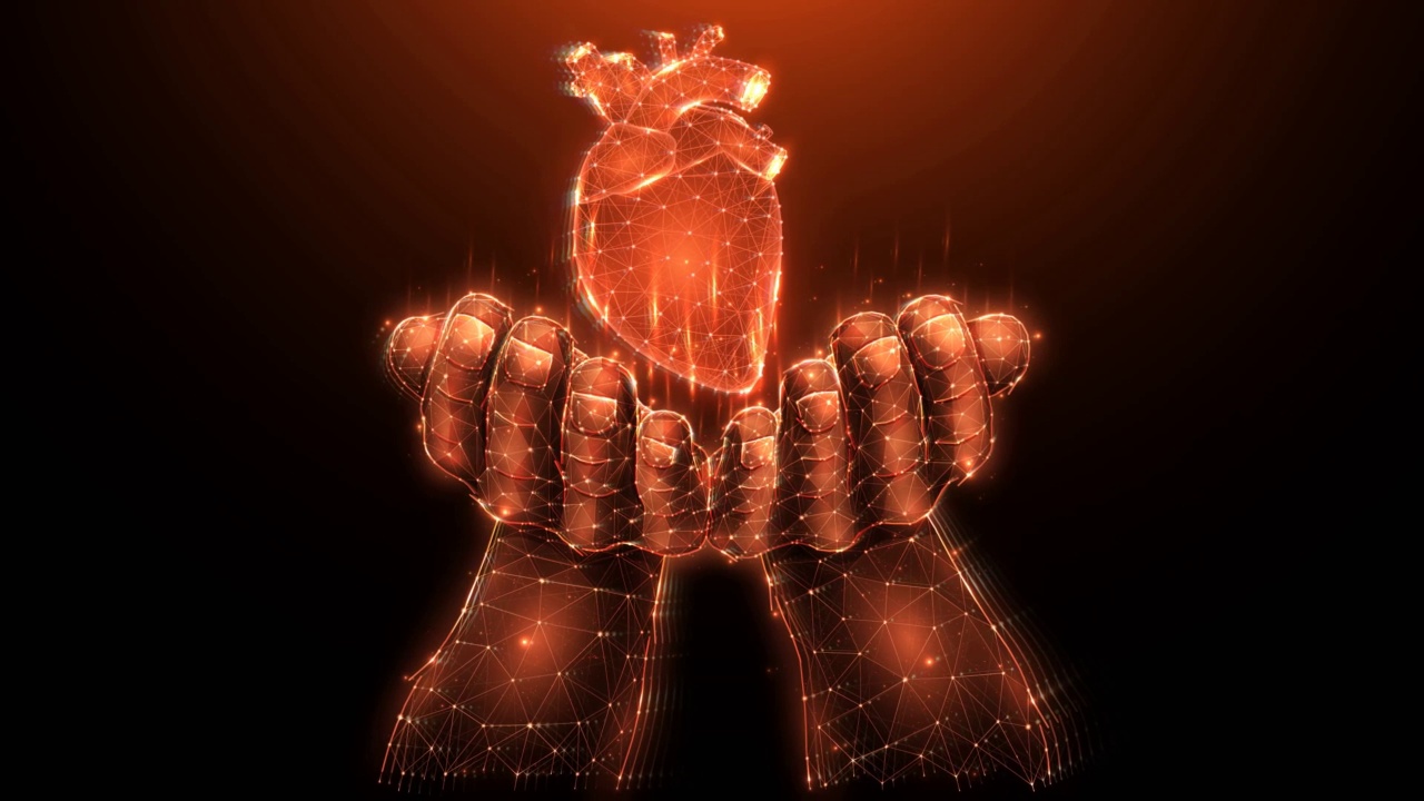 人类的手和心脏未来多边形运动图形。医疗或保健运动图形视频视频购买