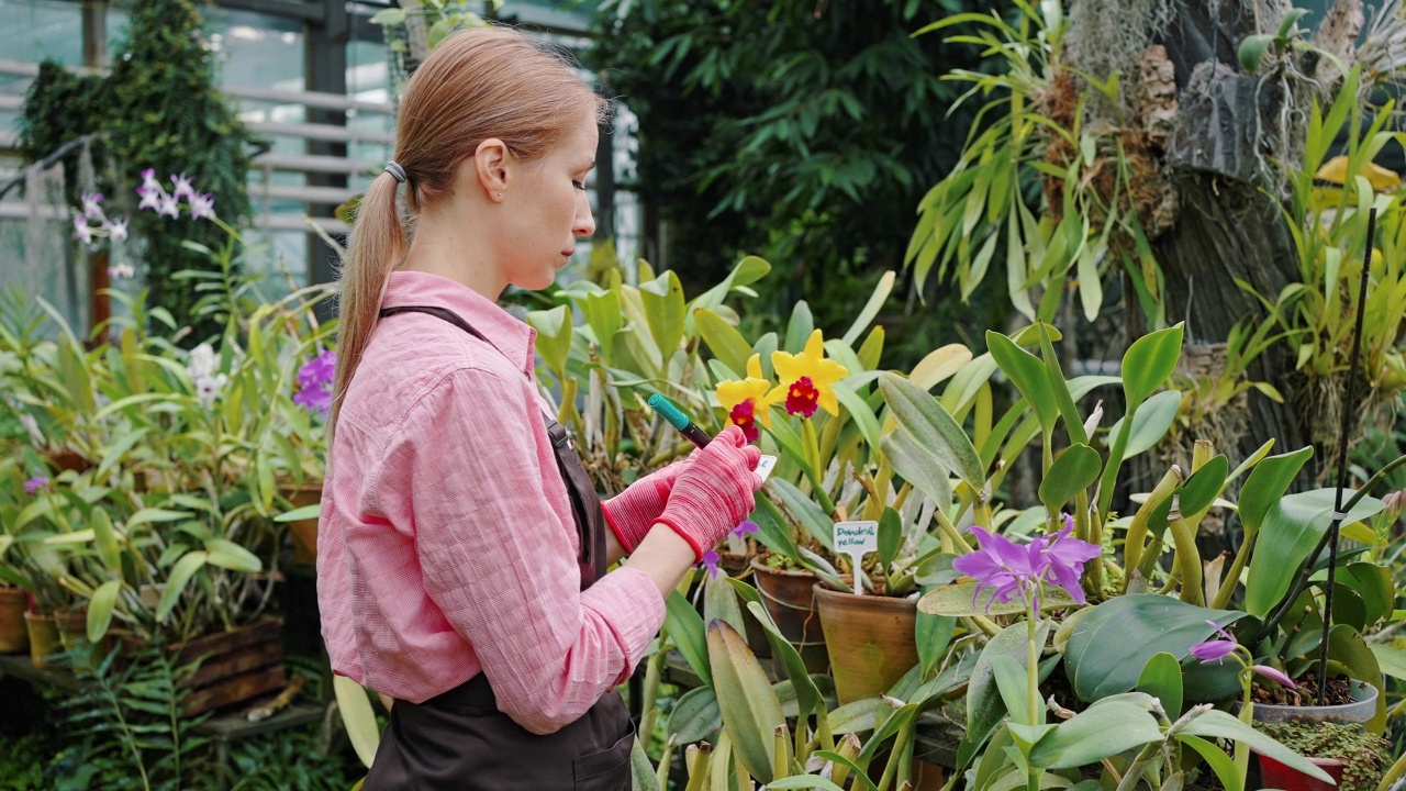 一名妇女把植物的名字写在贴在花盆里的标签上视频下载