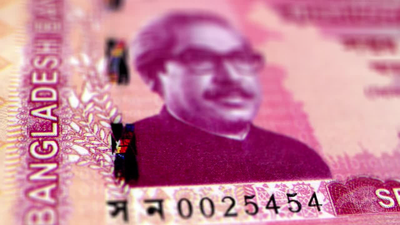 孟加拉国孟加拉国塔卡70钞票，70孟加拉国塔卡，特写和宏观视图的孟加拉国塔卡，跟踪和多利镜头70孟加拉国塔卡钞票观察和储备侧，孟加拉国塔卡货币货币背景，孟加拉国视频下载