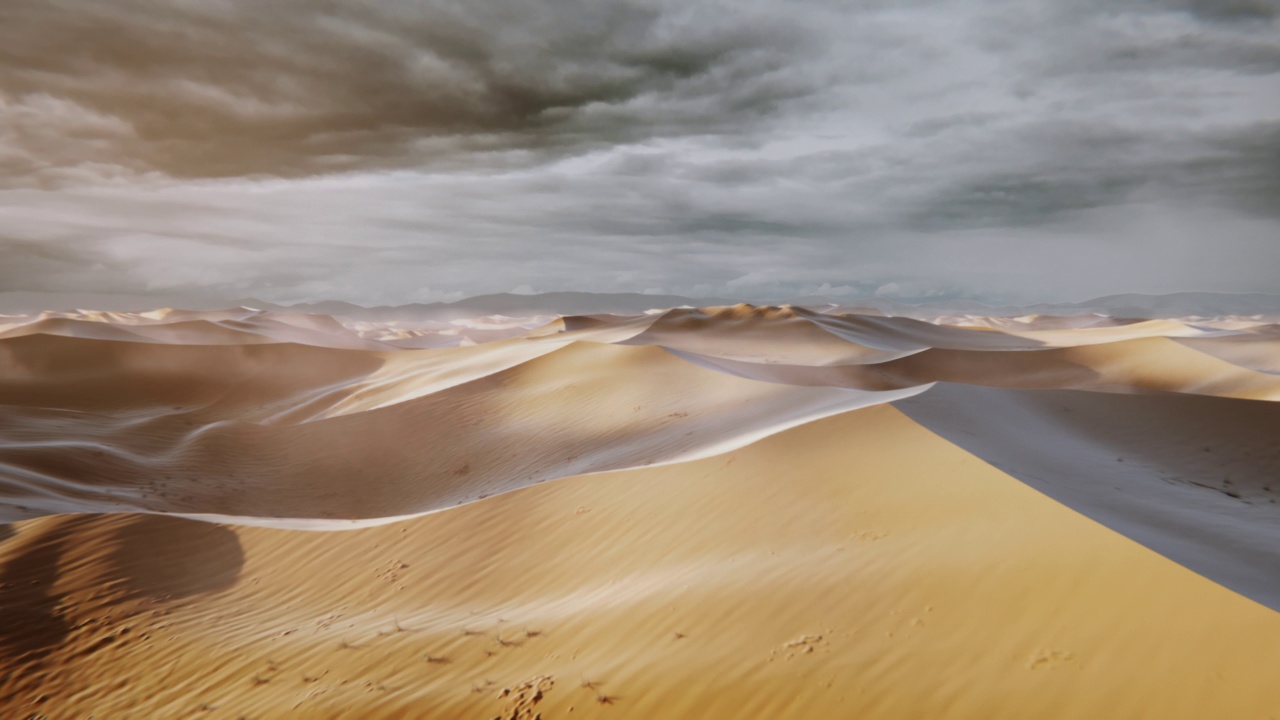鸟瞰图一个现实的尘土飞扬的沙漠与多云的天空在沙丘4k视频素材