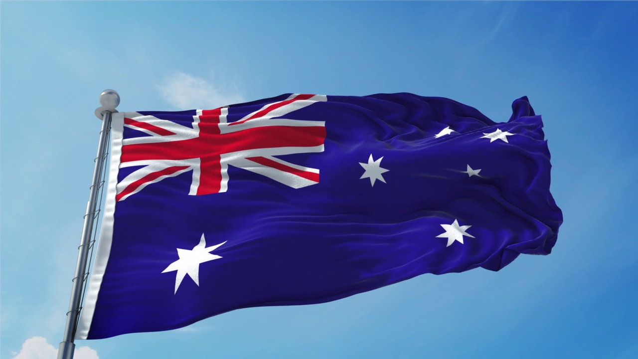 澳大利亚国旗环。现实的4 k。30帧的澳大利亚国旗。澳大利亚国旗在风中飘扬。无缝环与高度细致的织物质地。循环准备在4k分辨率视频素材