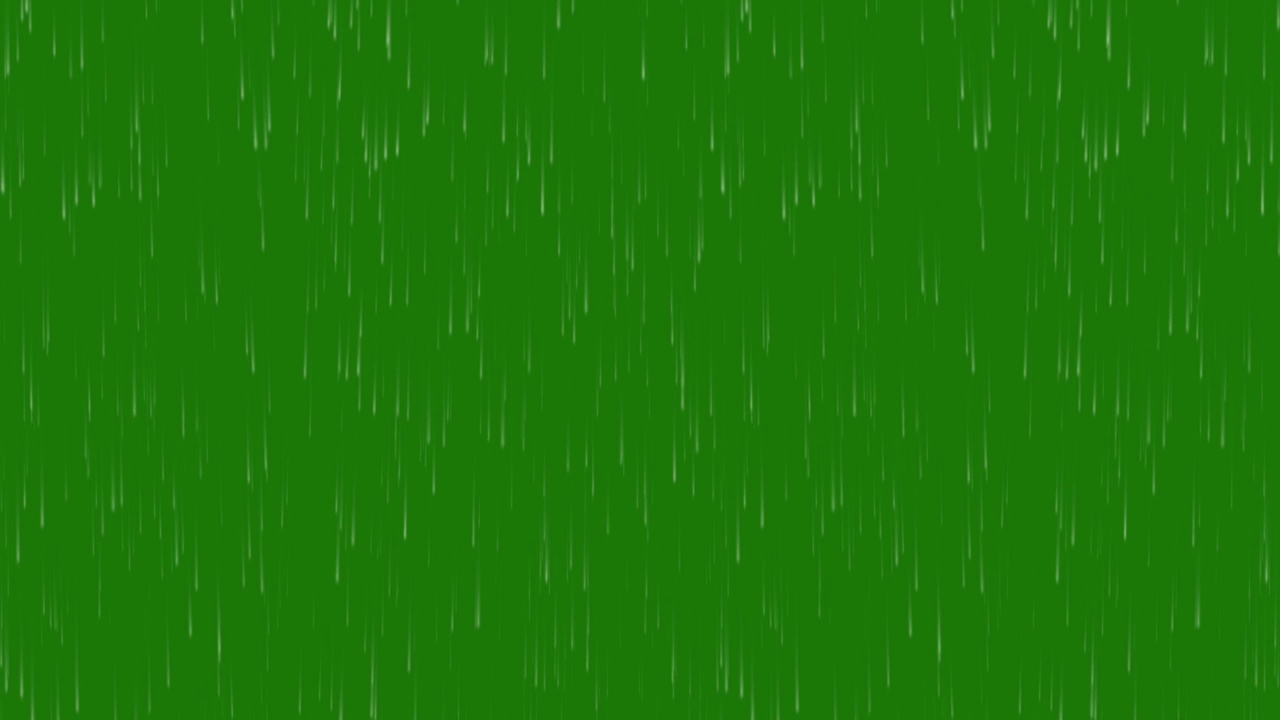 绿色屏幕雨落在黑色背景，逼真的3d雨动画在Alpha频道，循环动画暴雨下垂下降绿色背景效果无缝视频素材