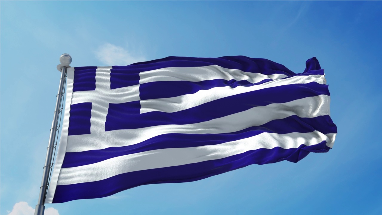 希腊国旗环。现实的4 k。30帧的希腊国旗。希腊国旗在风中飘扬。无缝环与高度细致的织物质地。循环准备在4k分辨率视频素材