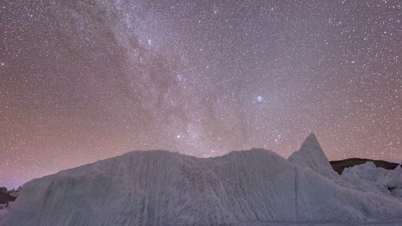 户外夜间冒险，冰川和星空。视频下载
