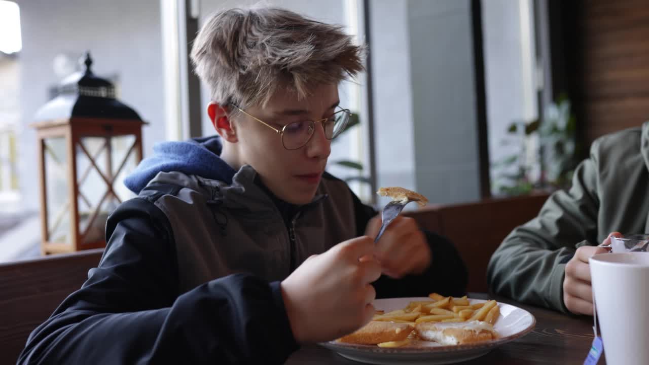 少年们在一家餐厅享用炸奶酪和炸薯条午餐视频素材