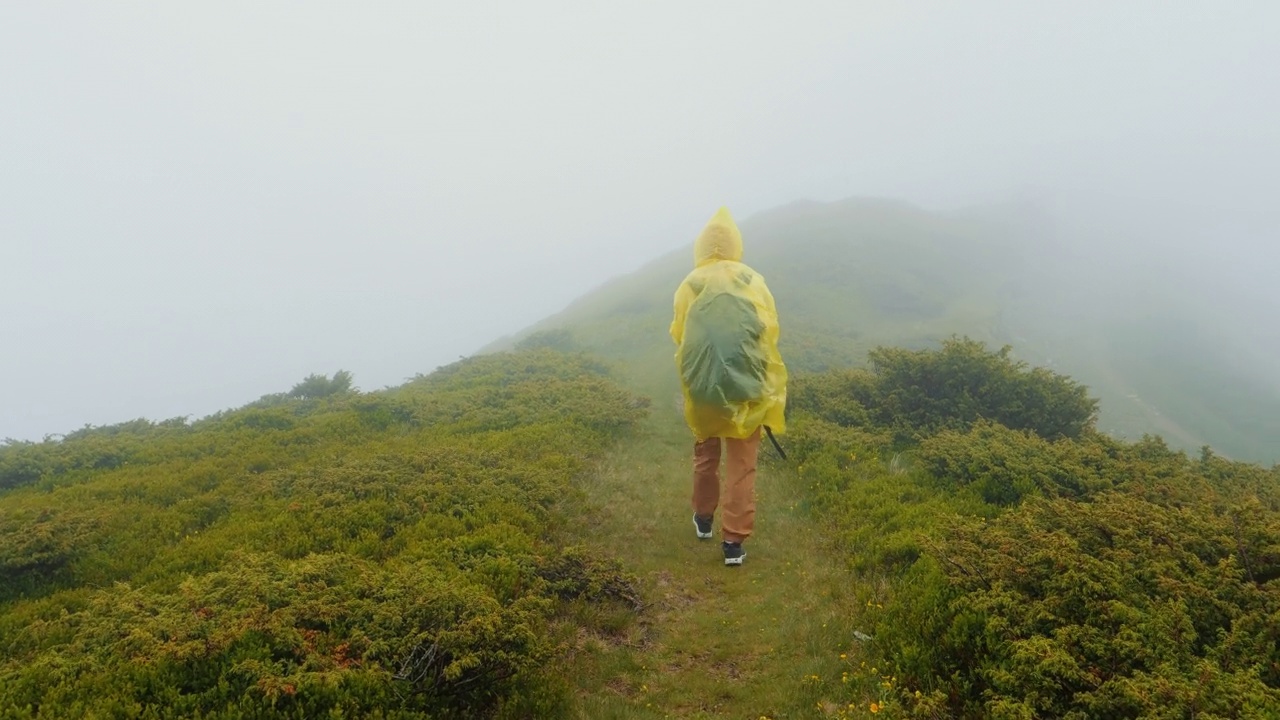 一名徒步旅行者在雾蒙蒙的多雨风景中探索大自然。视频素材
